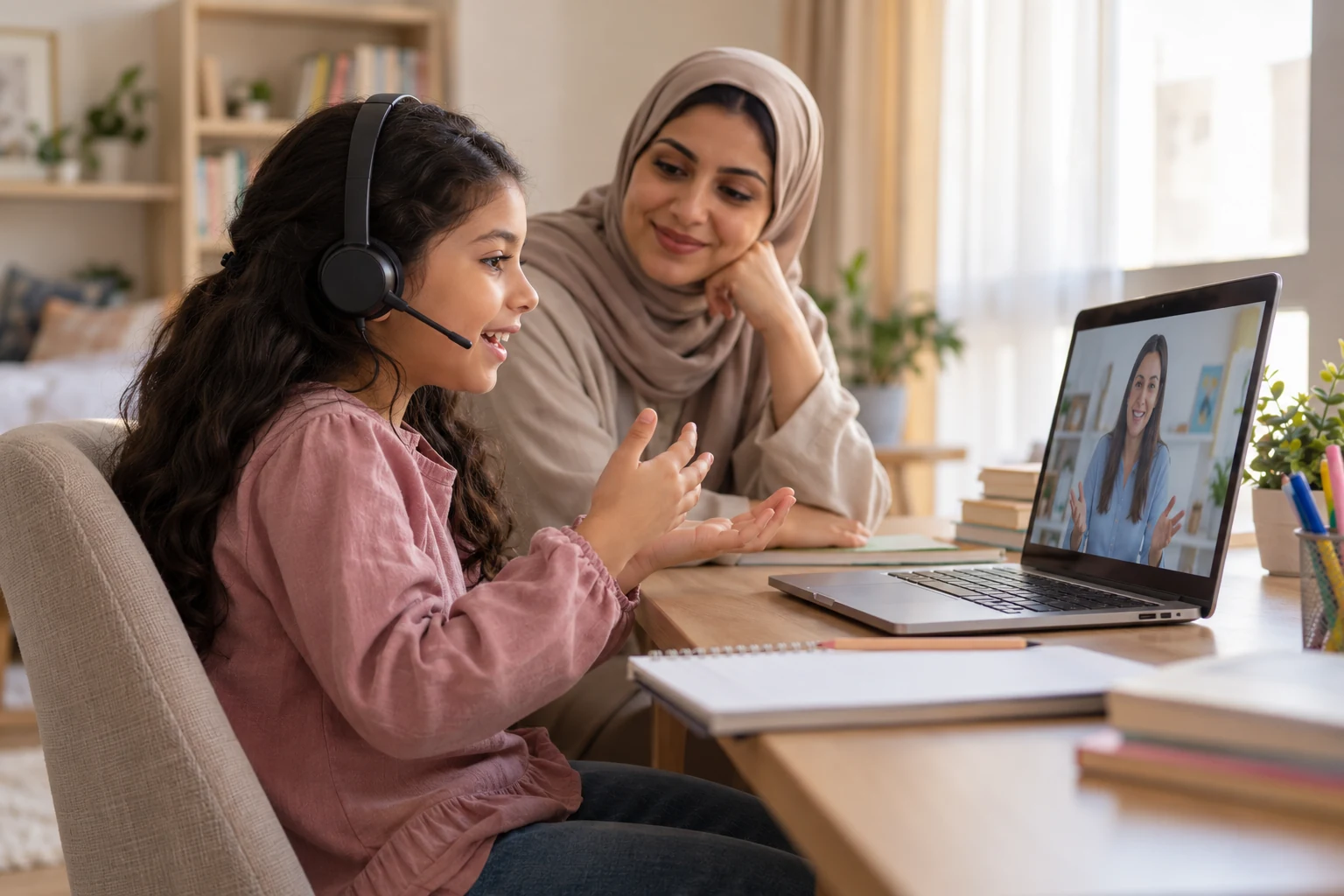 A girl taking an online English lesson while her mother watches nearby