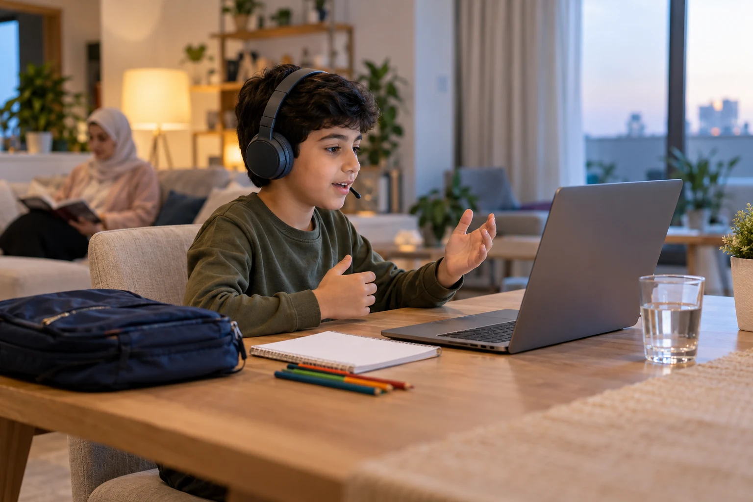 A boy speaking to an online English teacher during an after-school routine at home