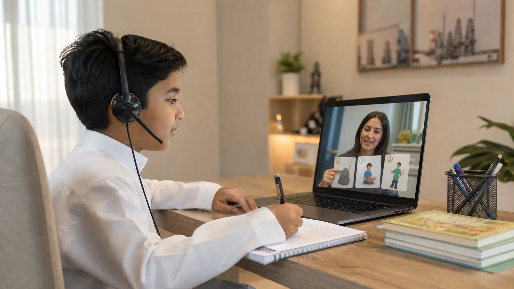 Saudi child following an online English teacher's instructions at home