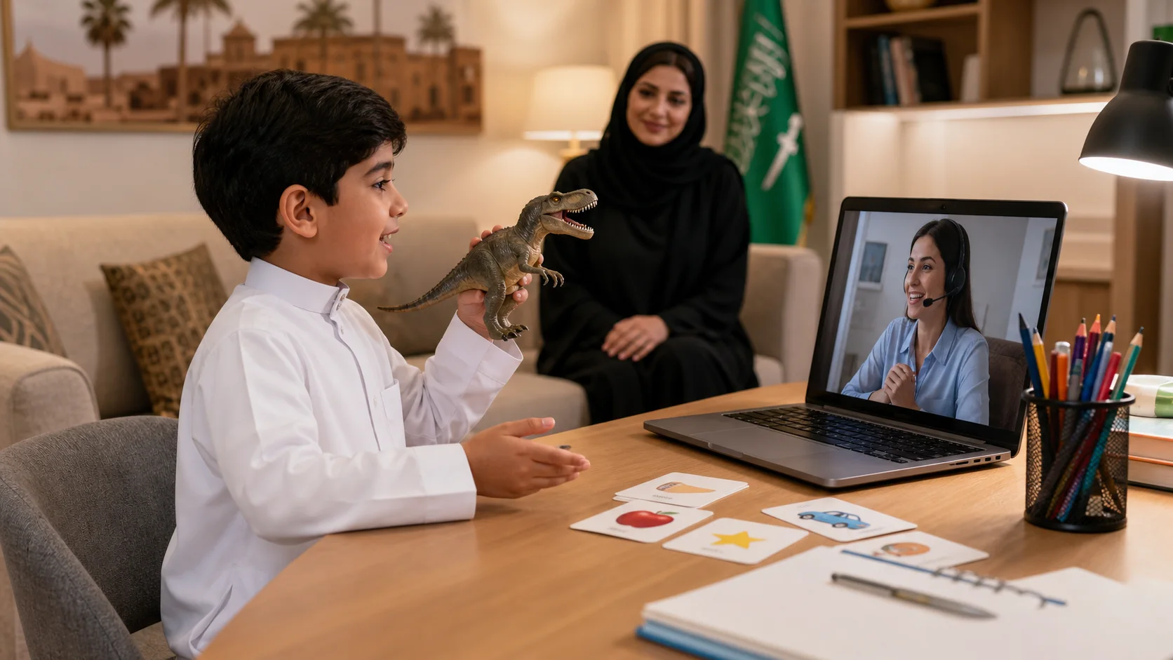 Saudi child practising an English Show and Tell with an online teacher at home