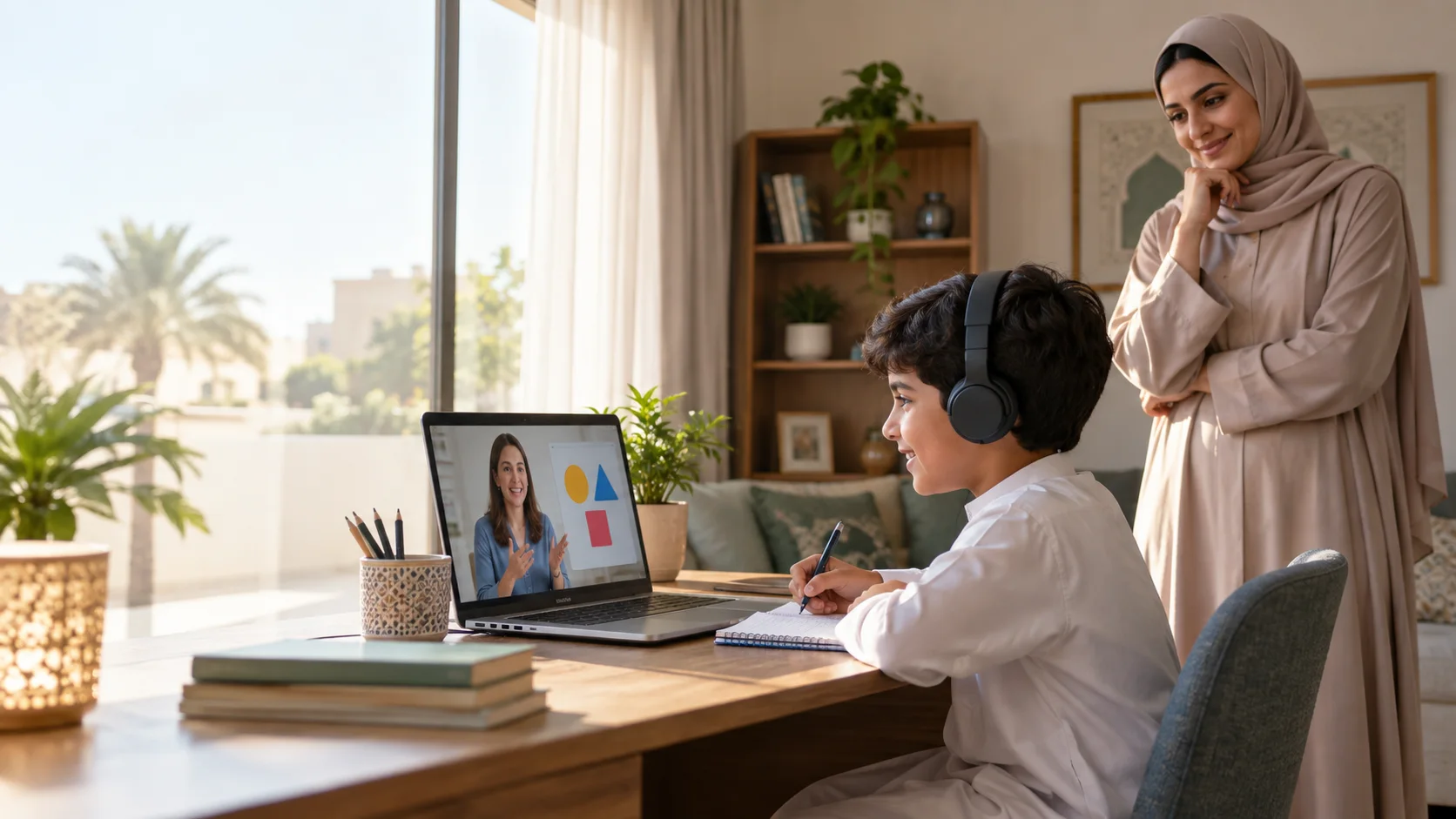 طفل عربي يتعلم الإنجليزية في حصة فردية عبر الإنترنت بينما تتابعه والدته